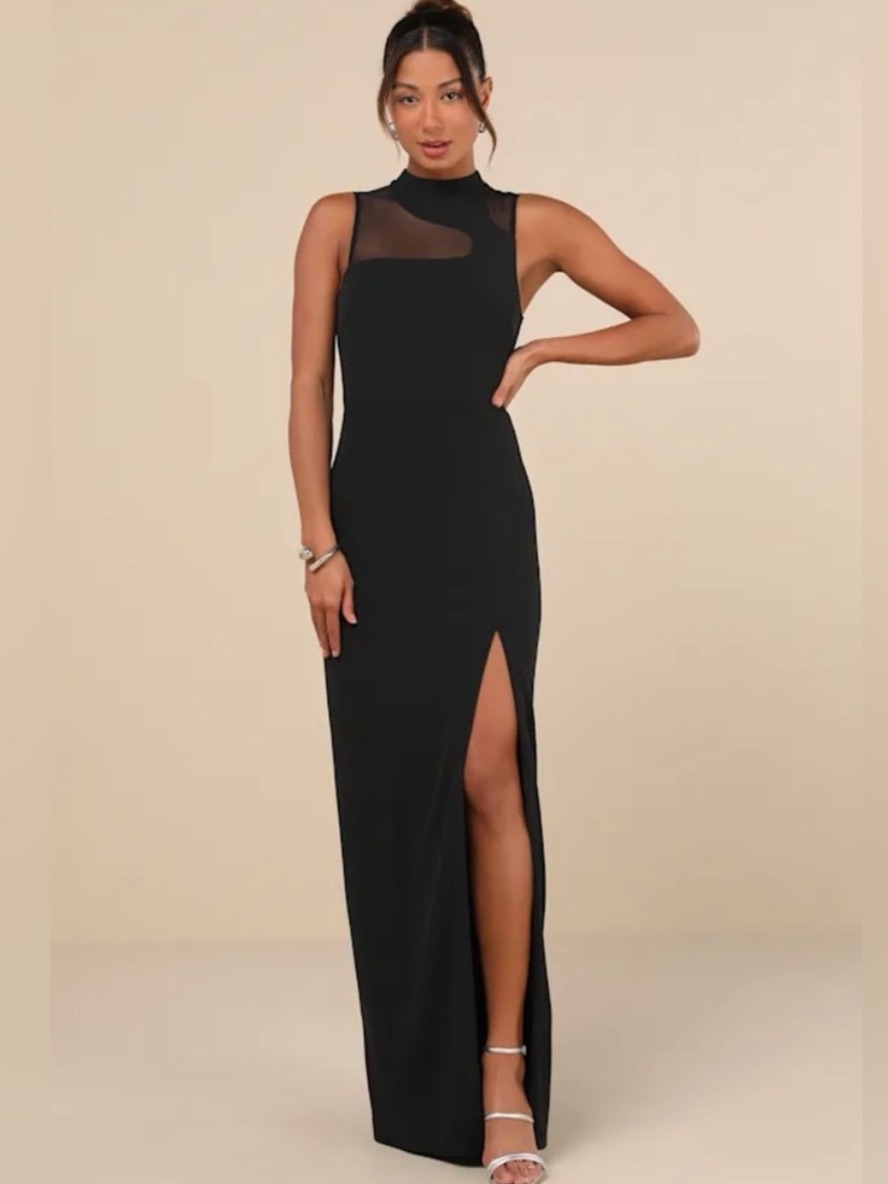 Lulu’s Black Mesh-Detail High Neck Evening Gown